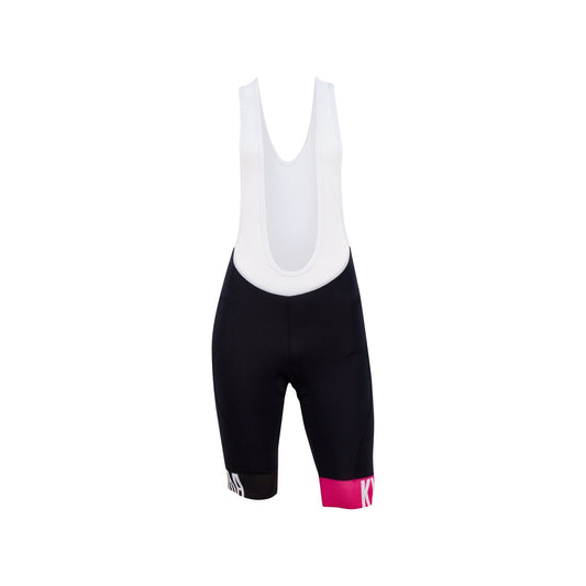 Black cycling bib shorts with pink accents on a white background