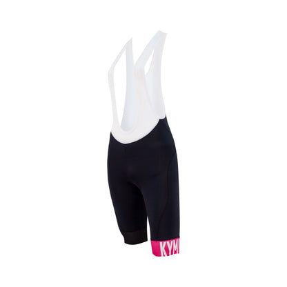 Black cycling bib shorts with white top and pink logo on a white background