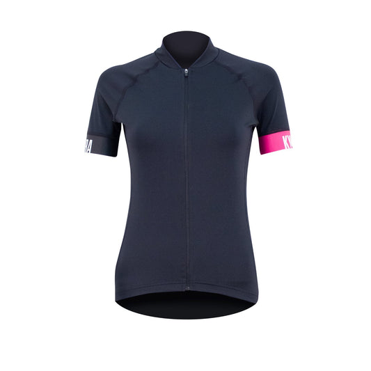 Navy cycling jersey with pink sleeves on a white background