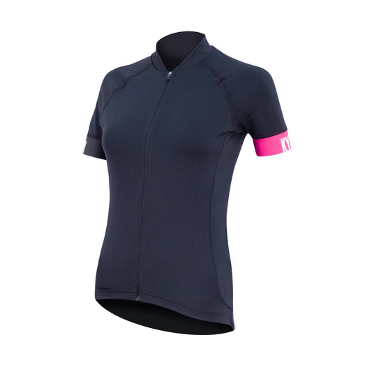 Black cycling jersey with pink sleeve on a white background