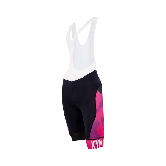 Cycling outfit with white top and black shorts with pink design on a white background