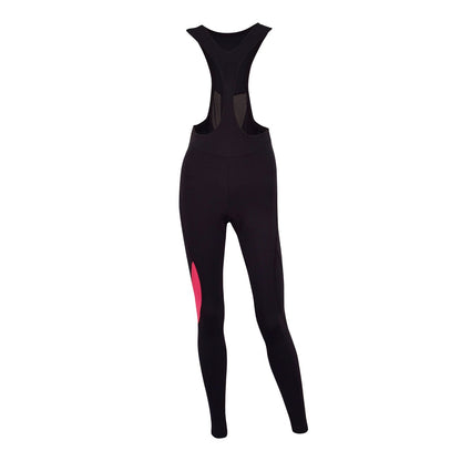 Black cycling bib shorts with a pink stripe on a white background