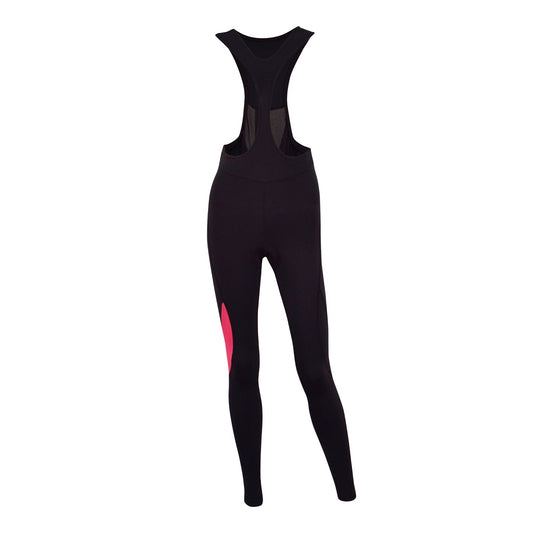 Black cycling bib shorts with a pink stripe on a white background