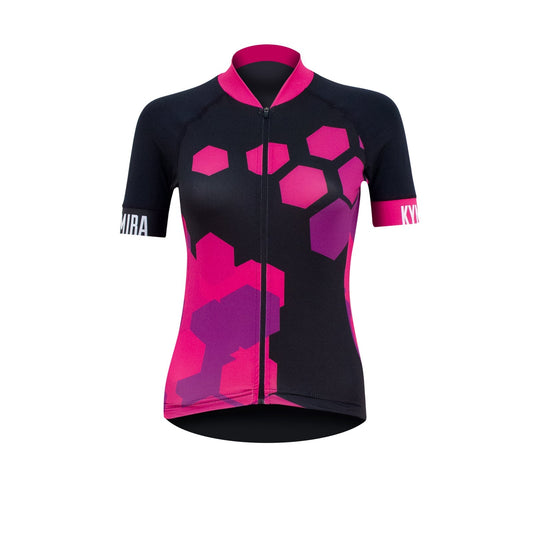 Cycling jersey with pink and purple geometric pattern on a white background