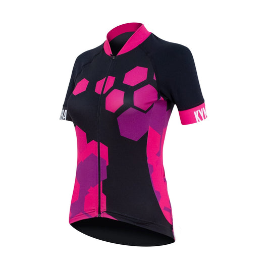 Black and pink cycling jersey with geometric pattern on a white background