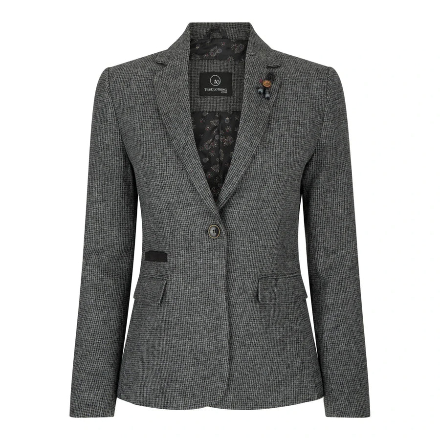 Traje de tres piezas para mujer: americana, chaleco y pantalón de tweed con diseño de espiga en color gris