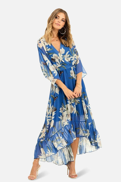 Blue Floral Kimono Sleeves Dip Hem Wrap Midi Dress
