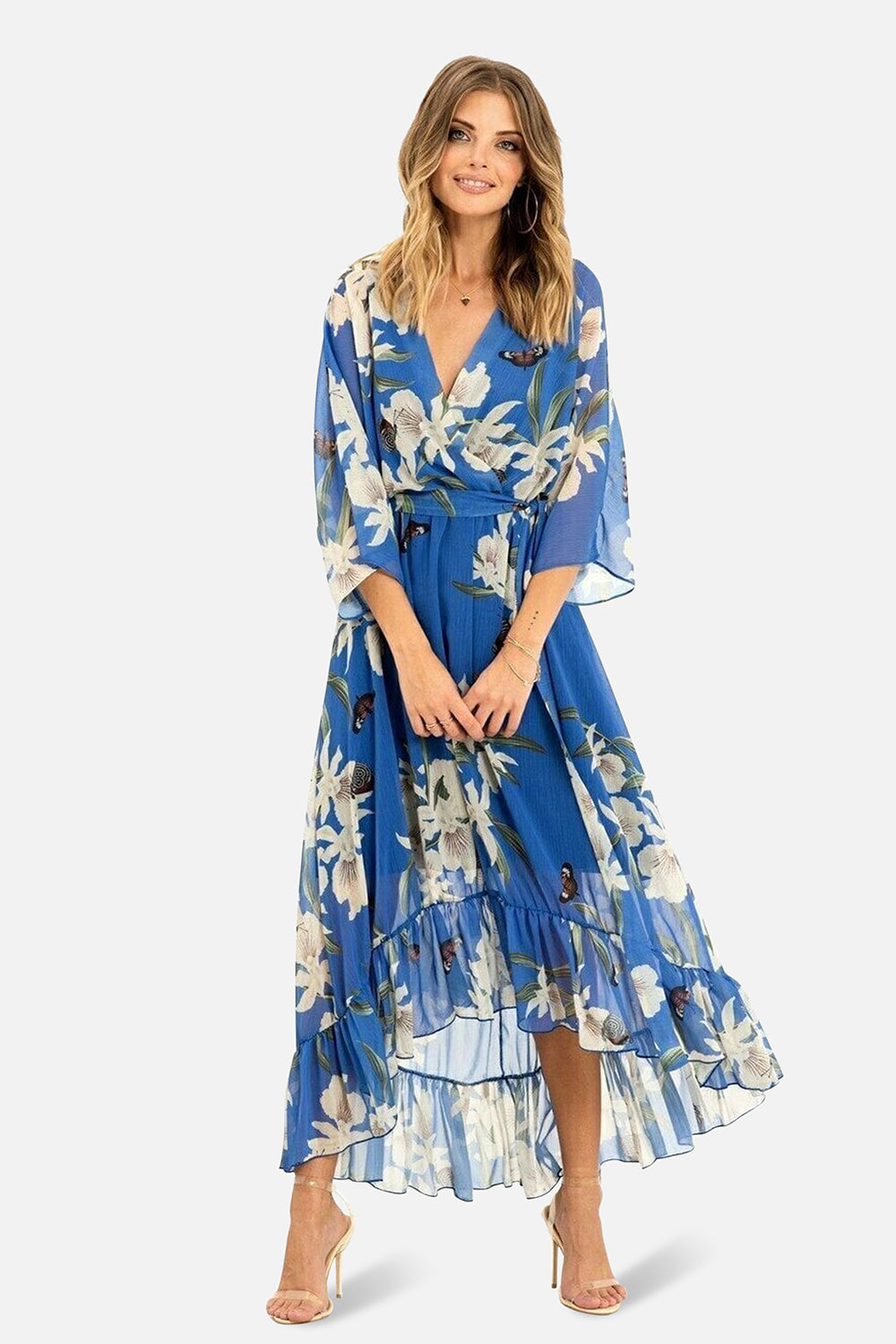 Blue Floral Kimono Sleeves Dip Hem Wrap Midi Dress