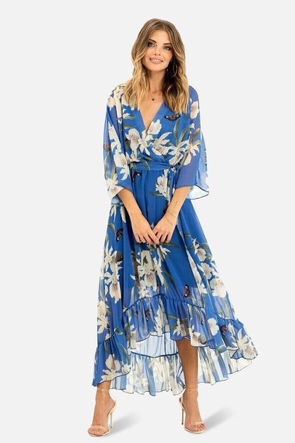 Blue Floral Kimono Sleeves Dip Hem Wrap Midi Dress