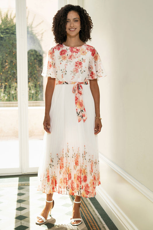 White Mirror Floral Design Pleated Midi Dress