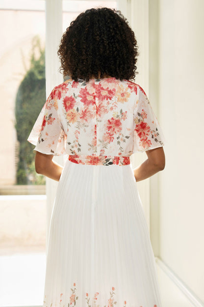 White Mirror Floral Design Pleated Midi Dress