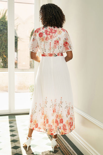 White Mirror Floral Design Pleated Midi Dress