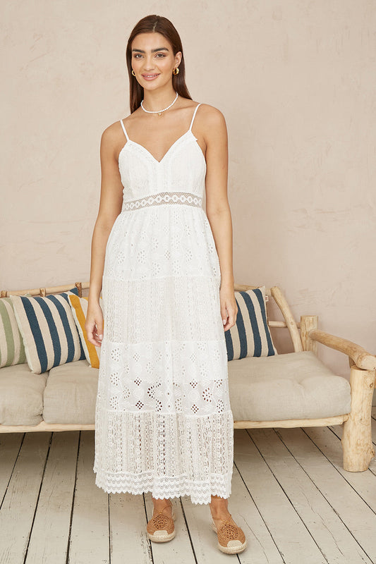 White Tiered Maxi Dress With Ruched Back