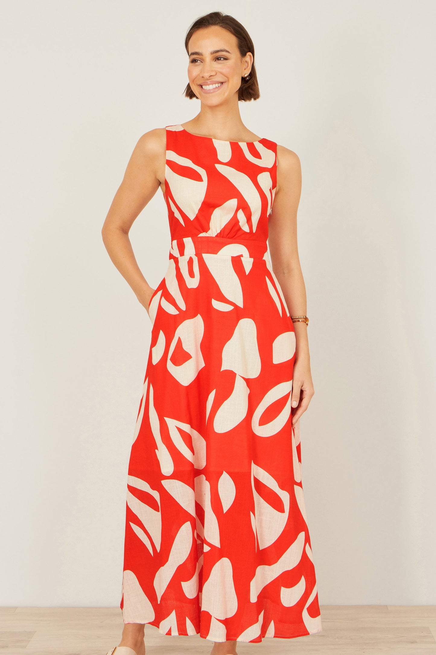 Orange Abstract Maxi Dress With Tie Back