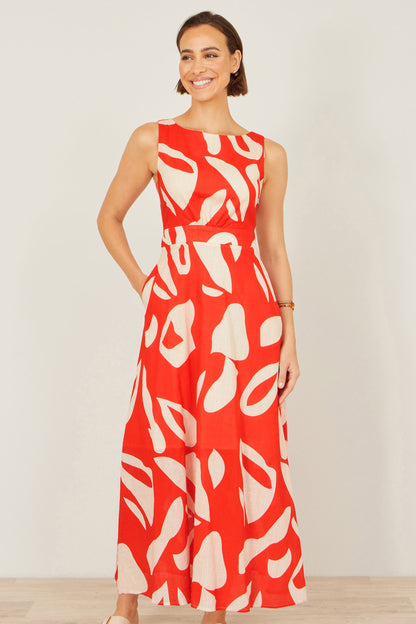 Orange Abstract Maxi Dress With Tie Back