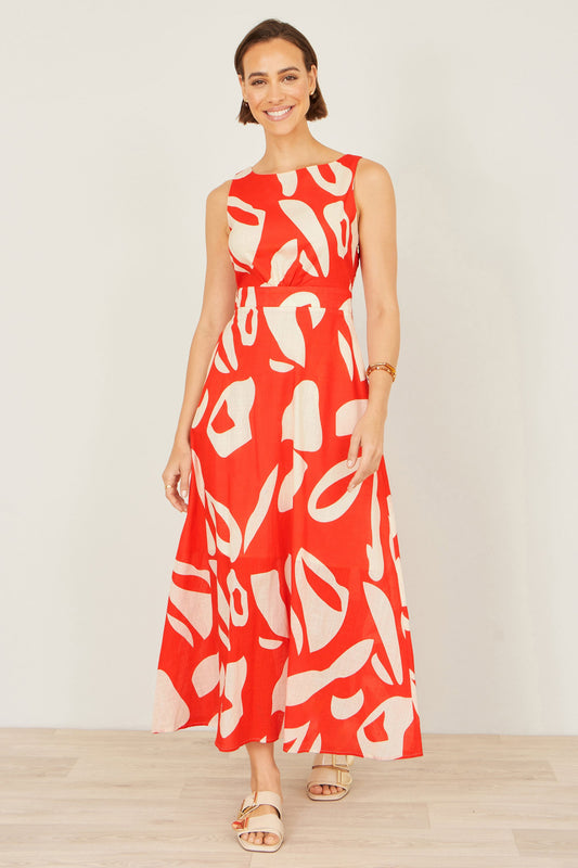 Orange Abstract Maxi Dress With Tie Back