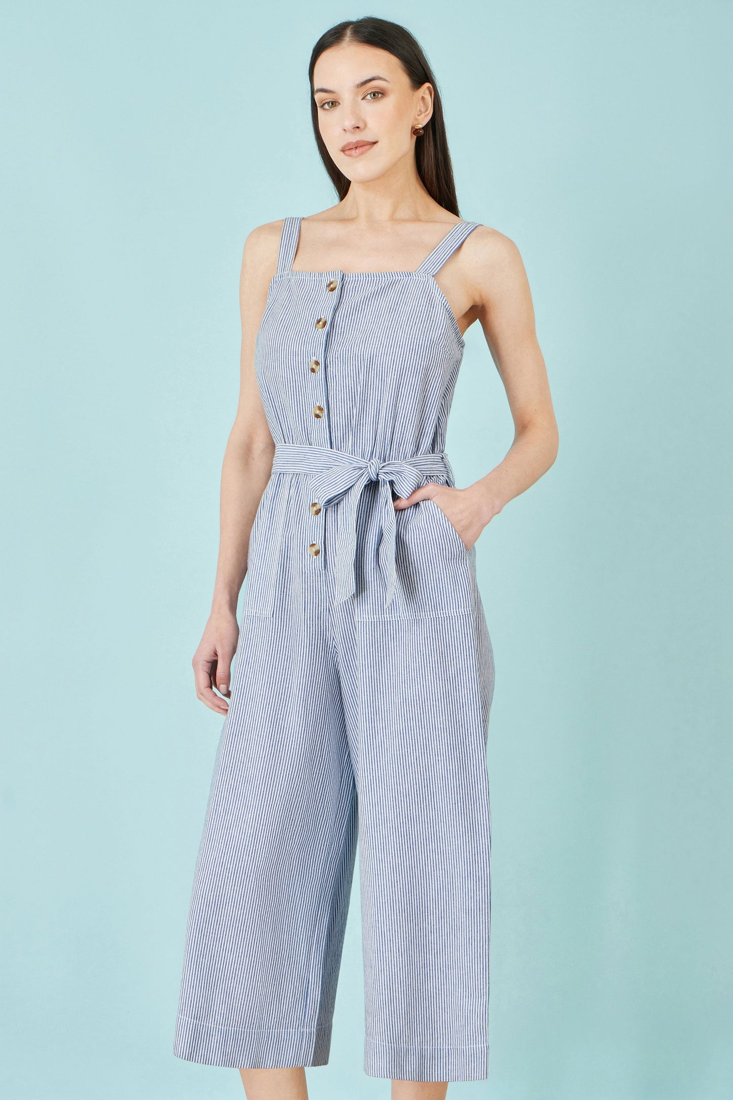 Blue Cotton Stripe Button Through Jumpsuit