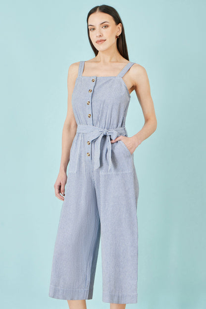 Blue Cotton Stripe Button Through Jumpsuit