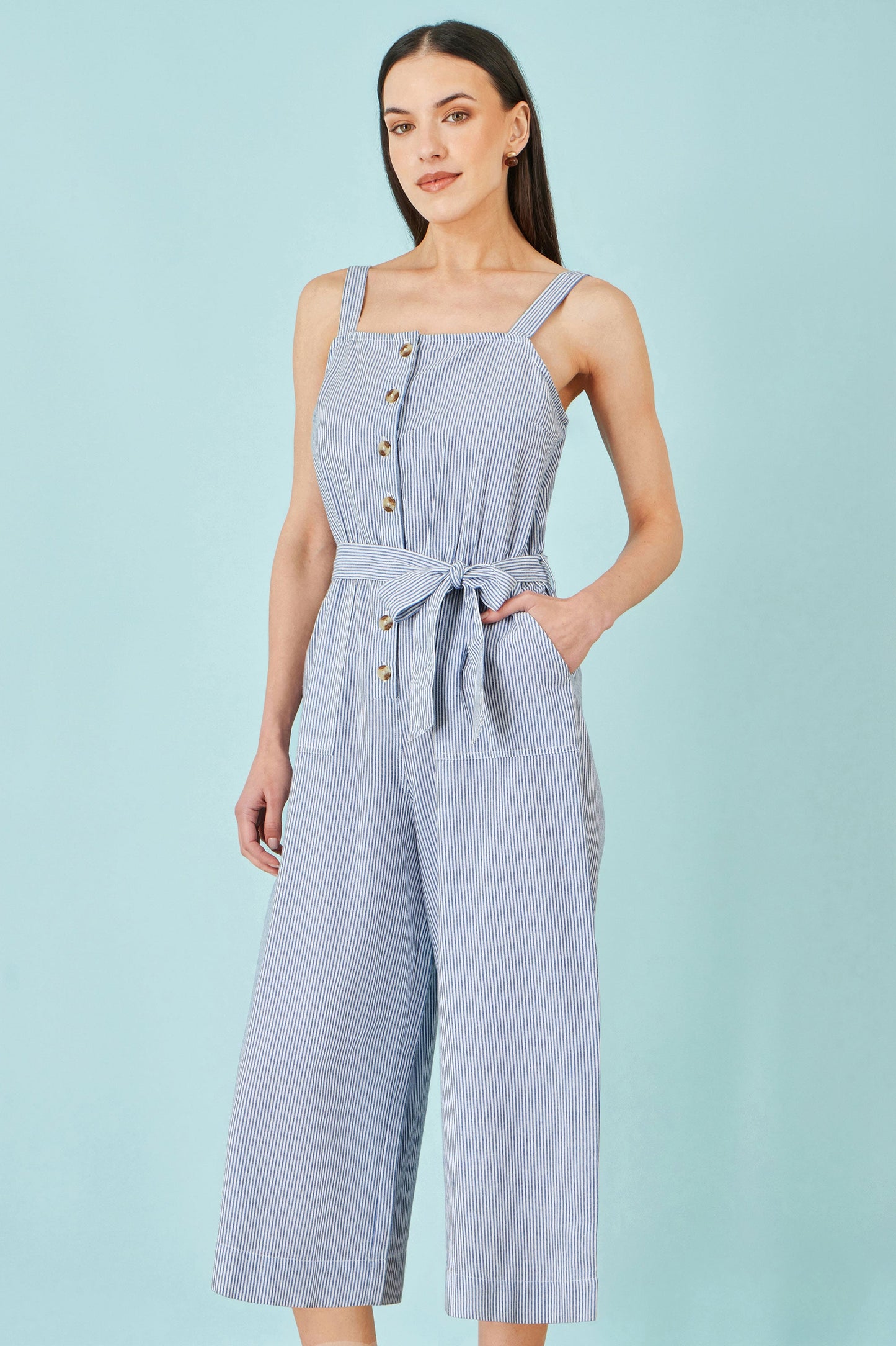 Blue Cotton Stripe Button Through Jumpsuit