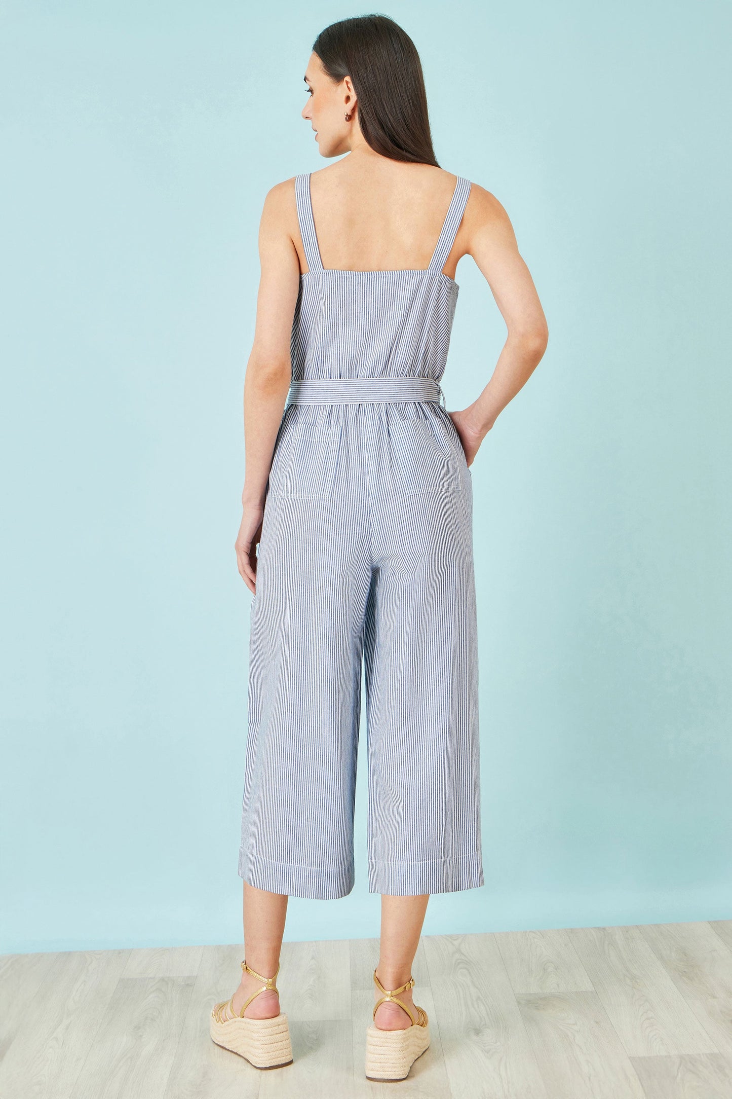 Blue Cotton Stripe Button Through Jumpsuit