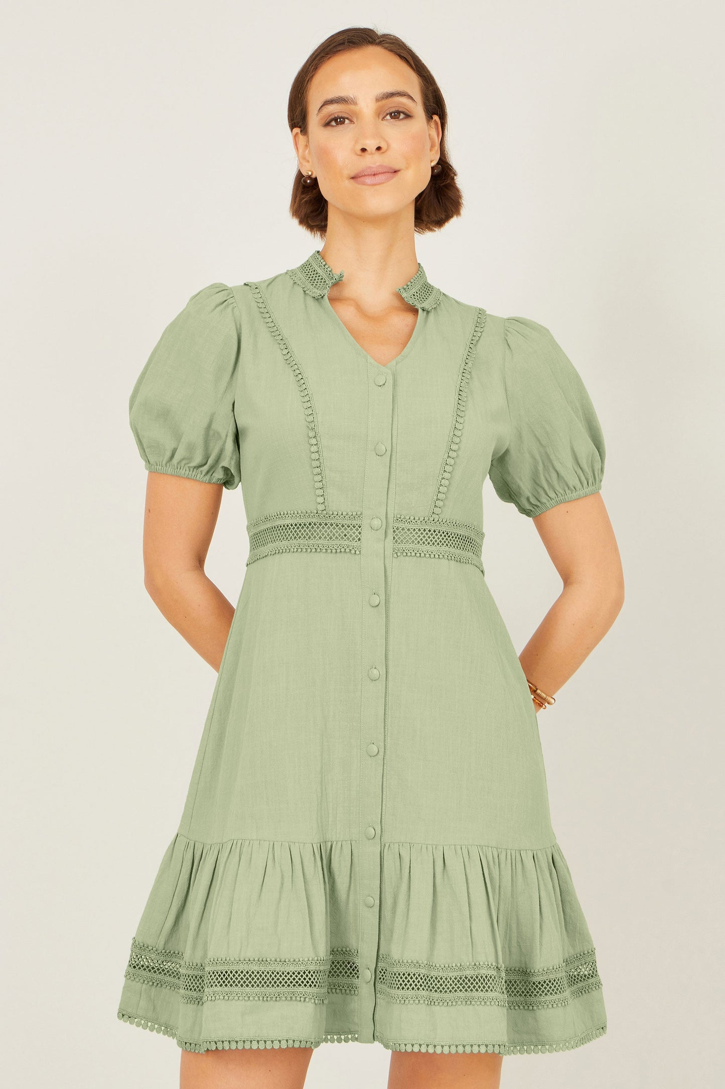 Green Cotton Lace Trim Skater Shirt Dress
