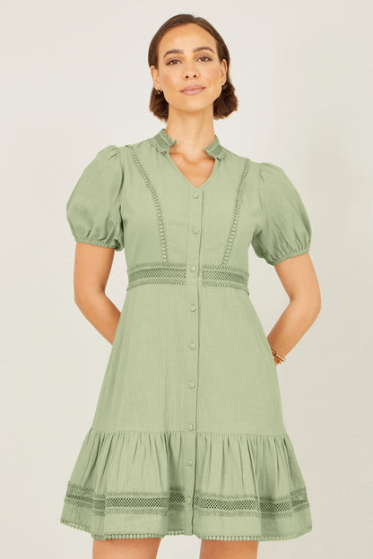 Green Cotton Lace Trim Skater Shirt Dress