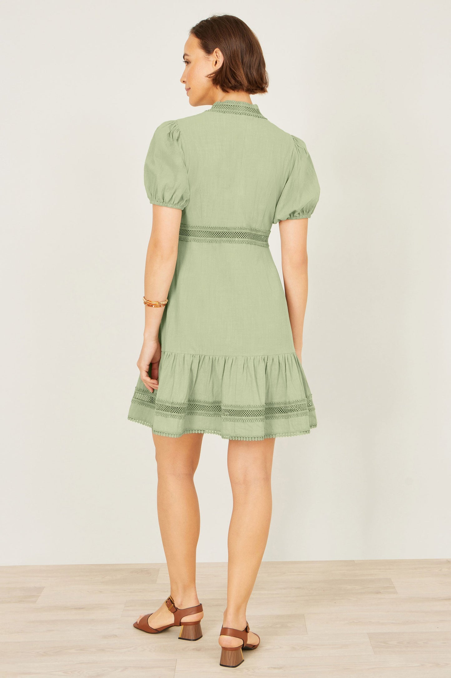 Green Cotton Lace Trim Skater Shirt Dress