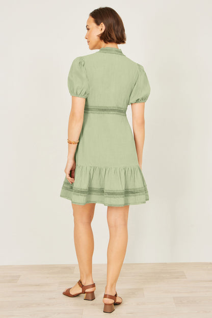 Green Cotton Lace Trim Skater Shirt Dress