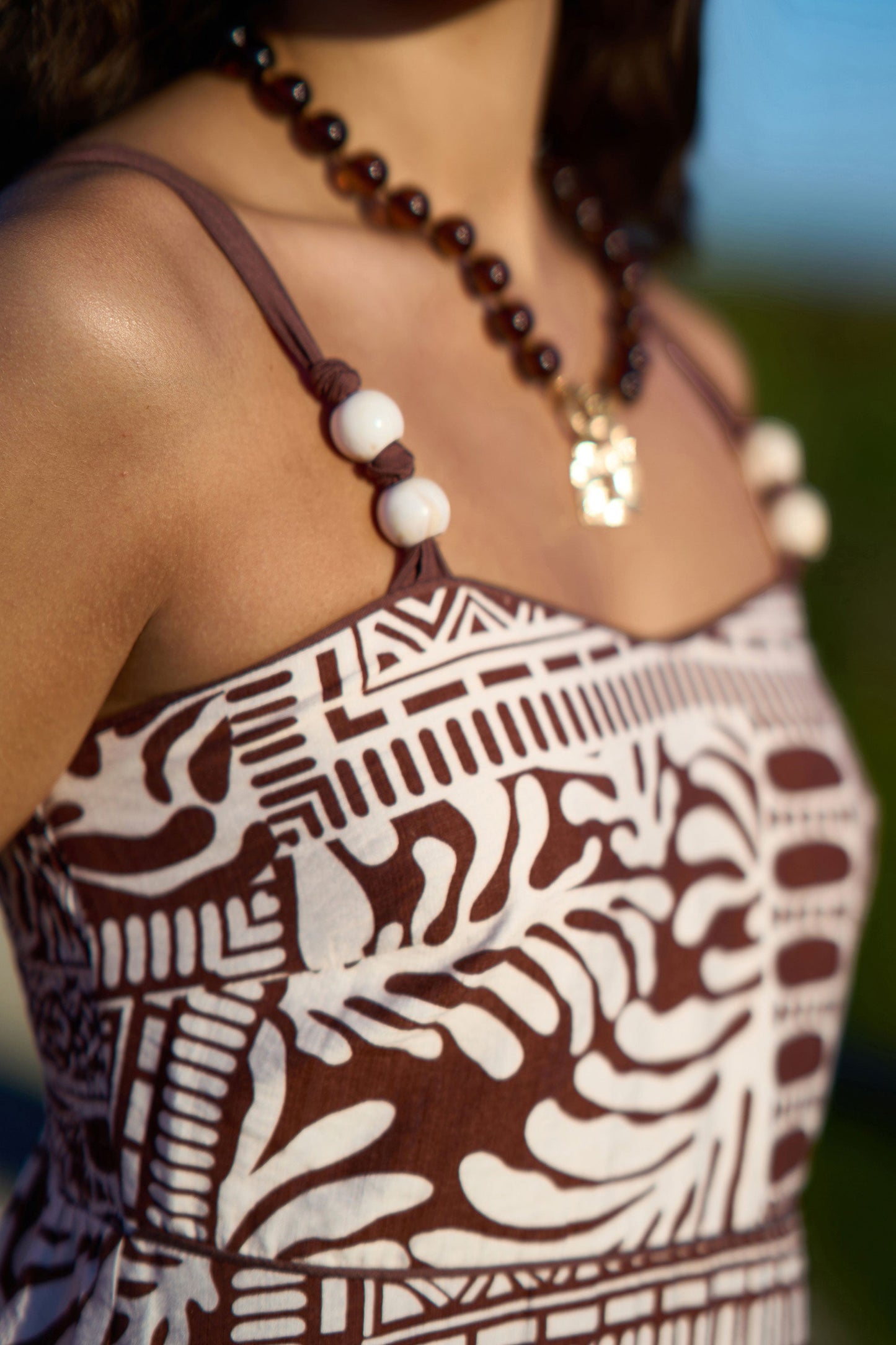 Brown Tile Print Maxi Dress With Bead Details