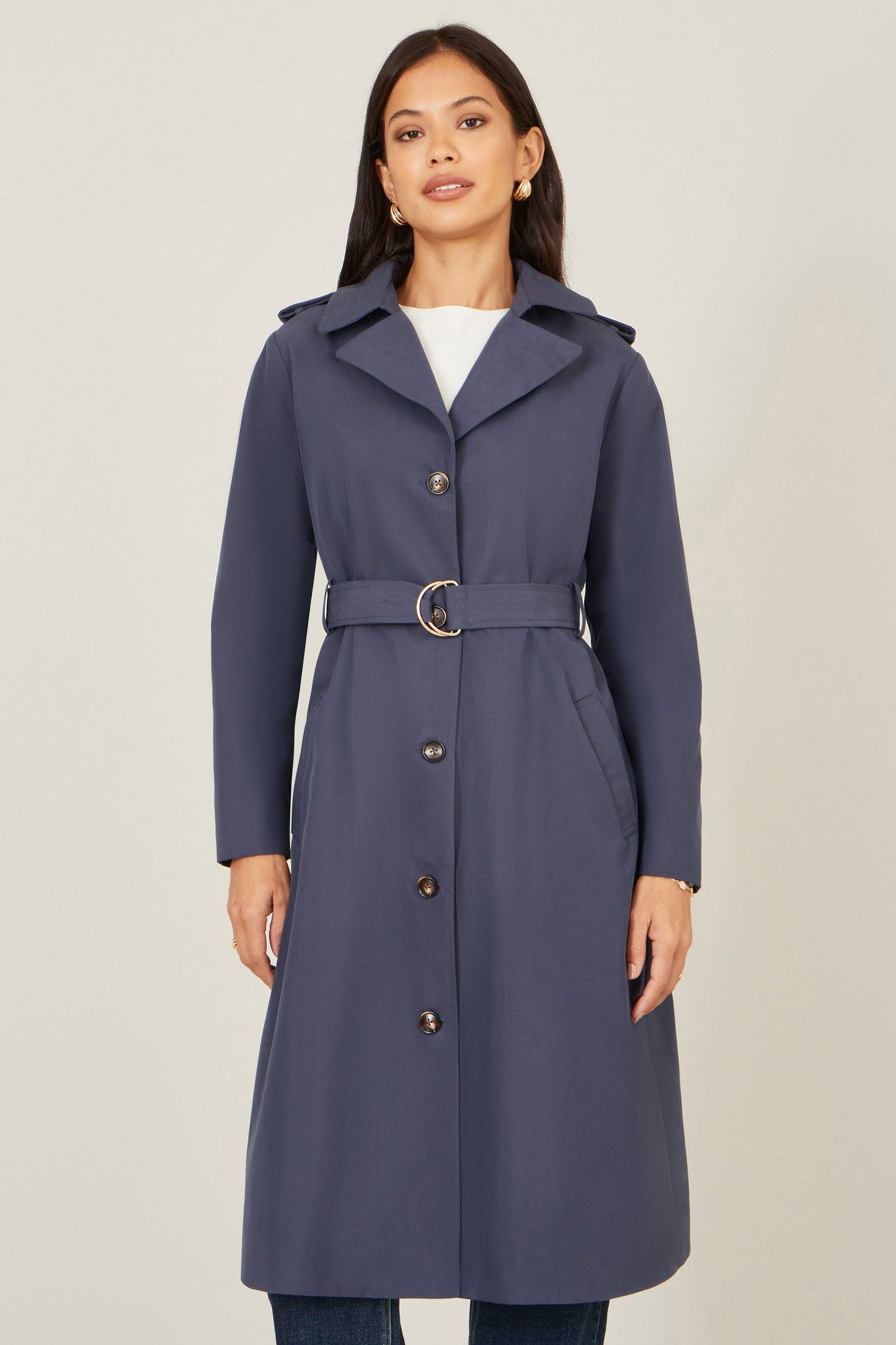Navy Belted Long Trench Coat With Belt