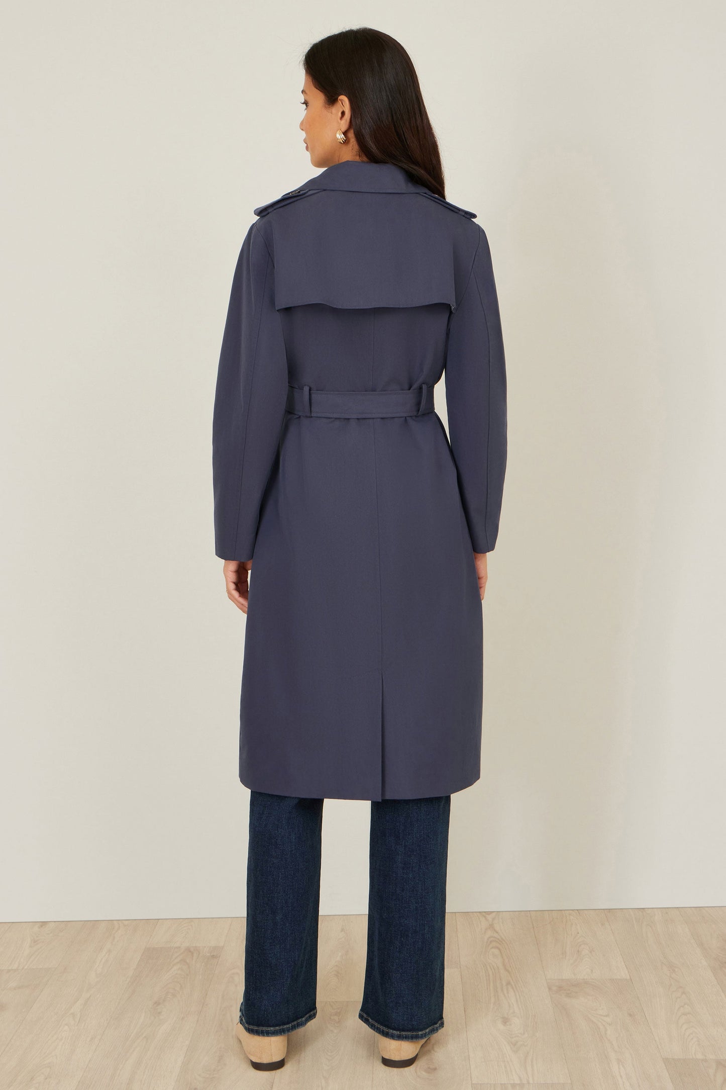 Navy Belted Long Trench Coat With Belt