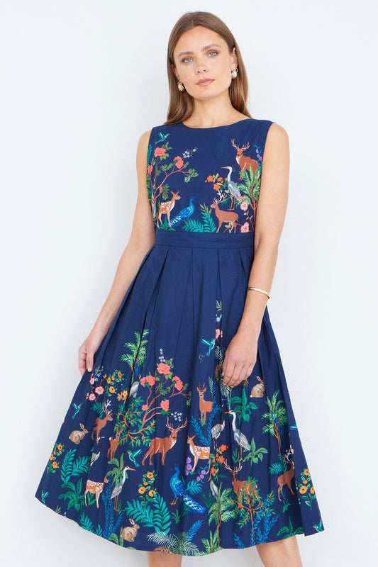 Navy Woodland Animal Print Cotton Midi Skater Dress