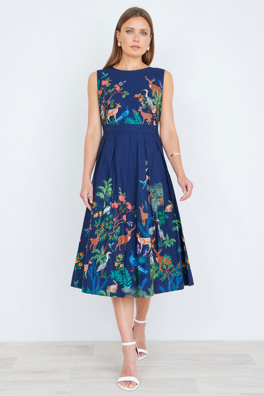 Navy Woodland Animal Print Cotton Midi Skater Dress