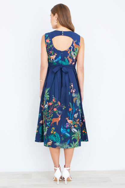 Navy Woodland Animal Print Cotton Midi Skater Dress