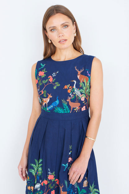 Navy Woodland Animal Print Cotton Midi Skater Dress