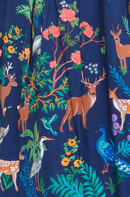 Navy Woodland Animal Print Cotton Midi Skater Dress