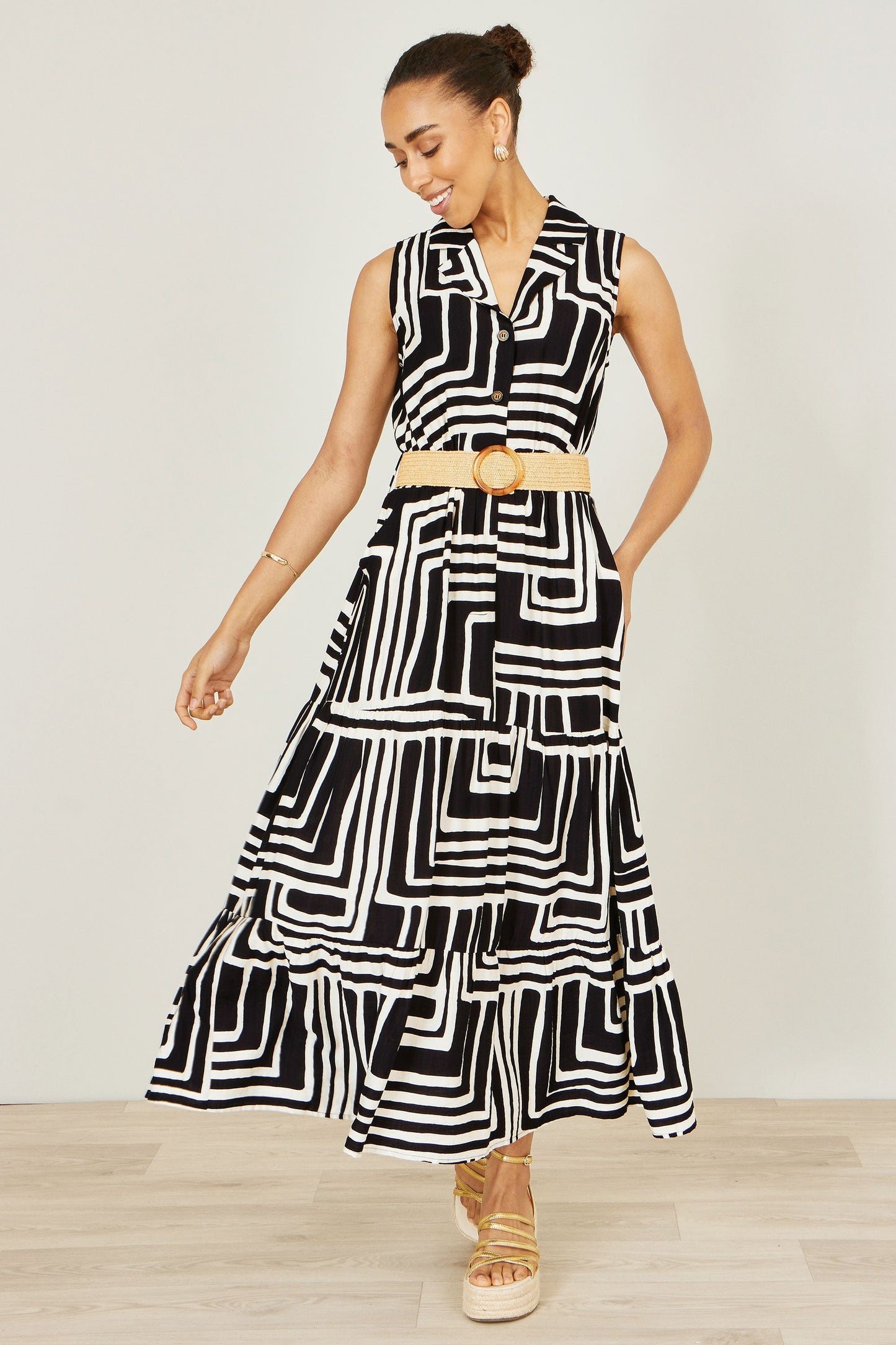 The Geo Print – Black Viscose Midi Shirt Dress