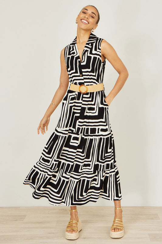 The Geo Print – Black Viscose Midi Shirt Dress