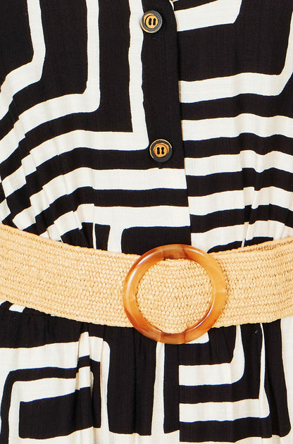 The Geo Print – Black Viscose Midi Shirt Dress