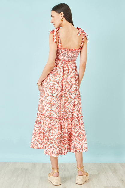 Red Viscose Ruched Tie Strap Midi Sun Dress