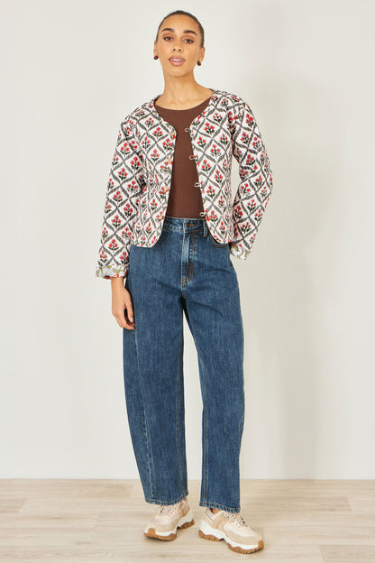 White Peacock Print Reversible Cotton Quilted Jacket