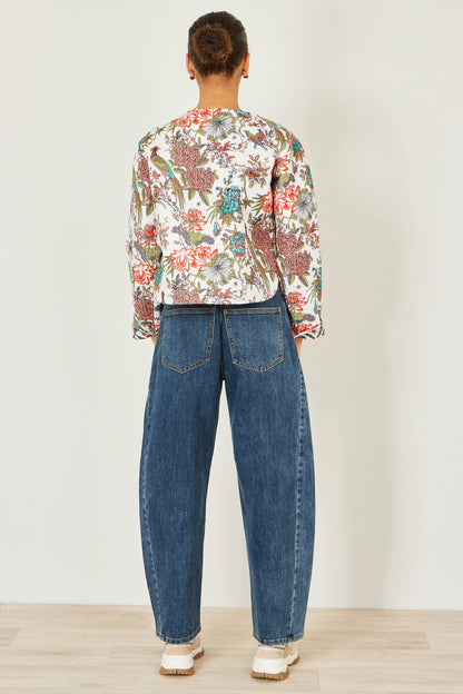 White Peacock Print Reversible Cotton Quilted Jacket