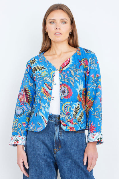 Blue Boho Print Cotton Reversible Quilted Jacket