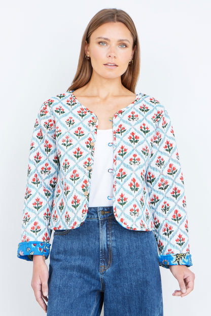 Blue Boho Print Cotton Reversible Quilted Jacket
