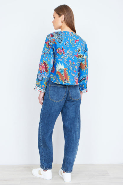 Blue Boho Print Cotton Reversible Quilted Jacket