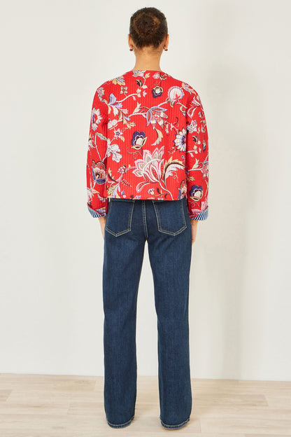 Red Boho Print Cotton Reversible Quilted Jacket