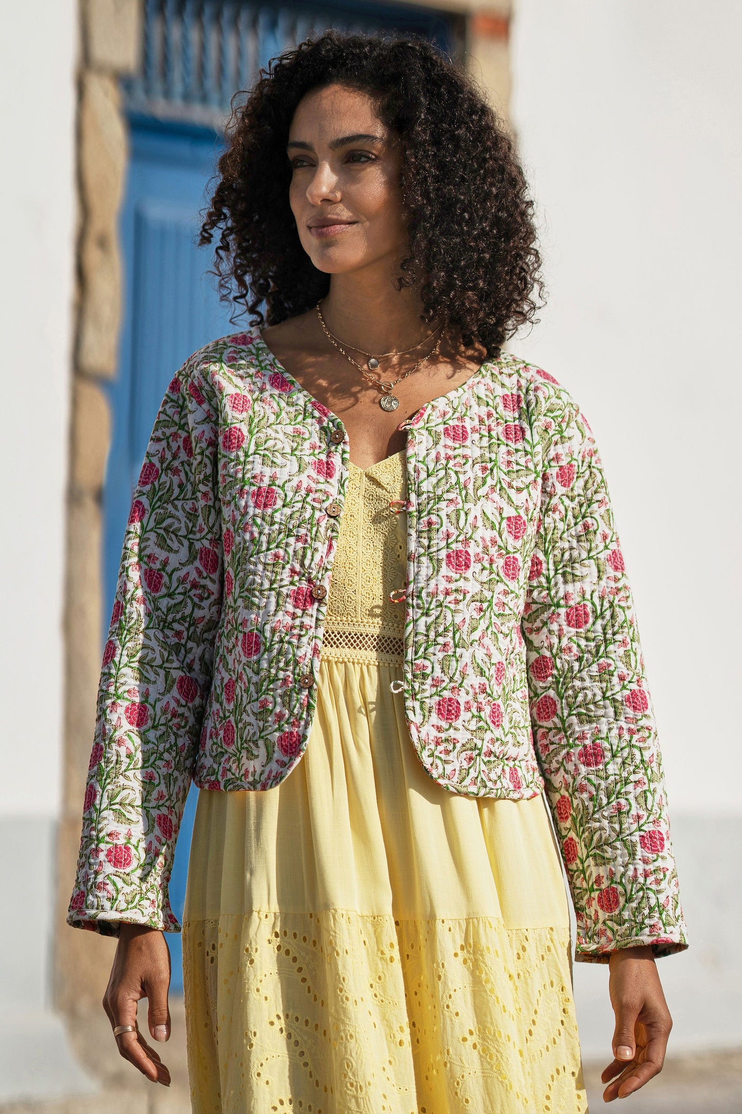 White Boho Print Cotton Reversible Quilted Jacket