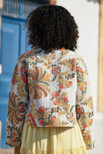 White Boho Print Cotton Reversible Quilted Jacket