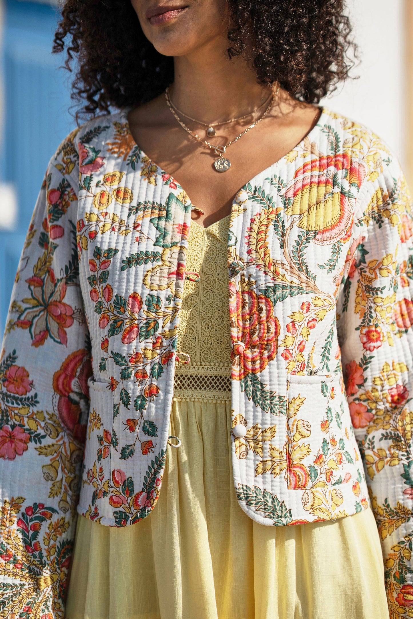 White Boho Print Cotton Reversible Quilted Jacket