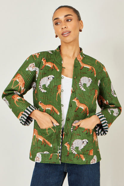 Green Fox Print Reversible Cotton Quilted Jacket
